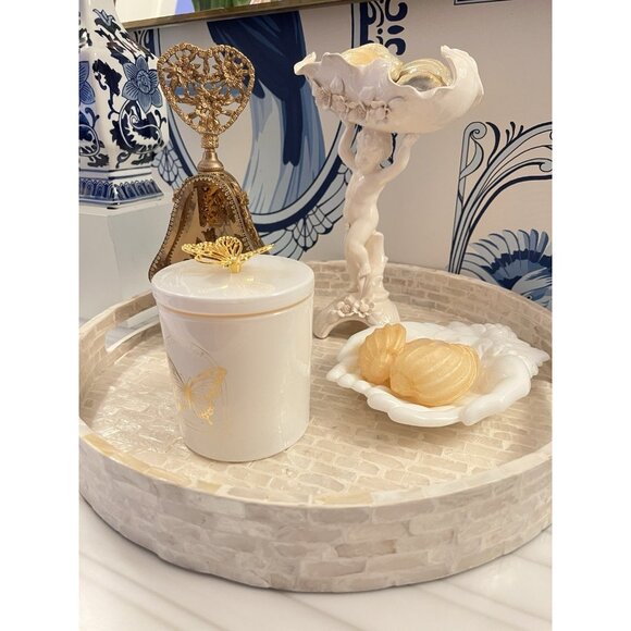 Round Mother Of Pearl Tray White Capiz Shell 16" D Ivory White Elegant Beautiful - Picture 8 of 11